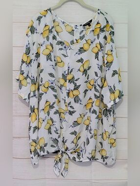 George Cute White Lemon 🍋🍋-Print Tie-Front Tunic Plus Size Blouse 4X